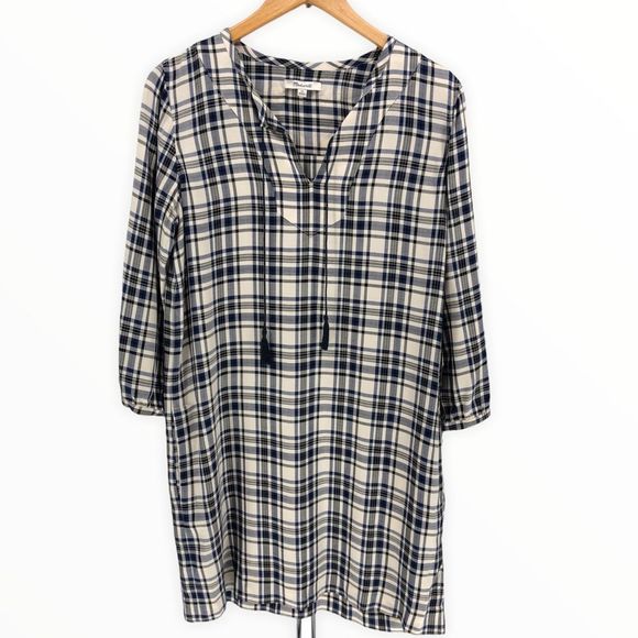 Madewell Navy Cream Plaid Artiste Tunic Dress with Tassels and Pockets - Picture 3 of 13